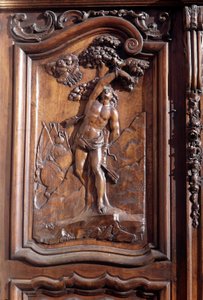 Het martelaarschap van San Sebastian, detail van de gesneden houten deur van de kerk van de onbevlekte ontvangenis, Menton. door Unknown artist