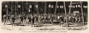 De matsouri (kermis, processie) van Roksamia, Kami-tempel in de buurt van Yedo (of Edo, het huidige Tokio), op de 5e dag van de 5e maand van het jaar, de menigte verzamelt zich om geneeskrachtige kruiden te verzamelen in het bos en 