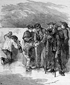 De pelgrims drinken het wonderbaarlijke water van Lourdes in de Hoge Pyreneeën waar de Maagd verscheen aan Bernadette Soubirous in 1858, huidige bedevaartplaats. Gravure uit 1877 door Unknown artist
