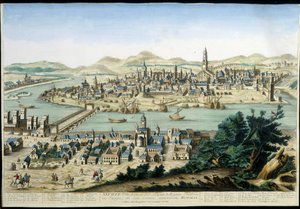 De haven en stad Sevilla - gravure uit de 18e eeuw.