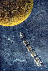 De raket gelanceerd in de ruimte die aankomt op de maan - gravure in “Van de aarde naar de maan” door Jules Verne door Unknown artist