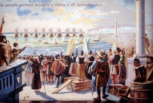 Het tweede vertrek van Christoffel Columbus uit Cadiz op 25/09/1493. door Unknown artist
