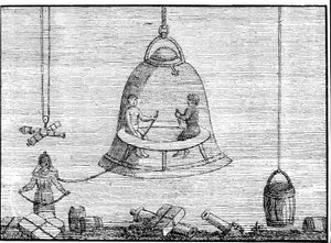 De kleine bel op de schouders van de man links (voorloper van de helm van een pak)