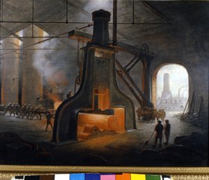 De stoomhamer, uitgevonden door J. Nasmyth, in actie gebruikt in metallurgische fabrieken in Manchester.