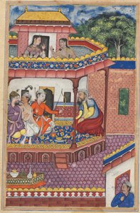 De drie jonge mannen presenteren zich als huwelijkskandidaten voor de hand van Zuhra, de dochter van de koopman van Kabul, uit een Tuti-nama (Verhalen van een Papegaai): Vierendertigste Nacht door Unknown artist