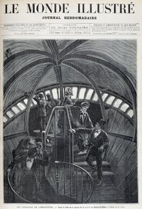 Het bezoek aan de binnenkant van het hoofd van het Vrijheidsbeeld op de Wereldtentoonstelling - in "The Illustrated World" van 28/09/1878 door Unknown artist