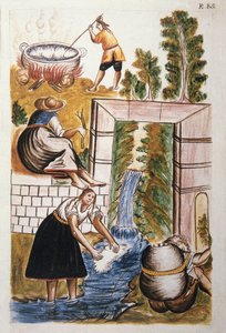 Het werk van wol, uit het boek "Trujillo del Peru" of "Códice Martínez Compañón", door Baltazar Martinez Compañón y Bujanda, bisschop van Trujillo (1782-1785)