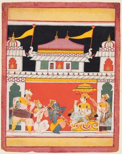 Drie muzikanten treden op voor een koning: Shri Raga, uit een Ragamala door Unknown artist