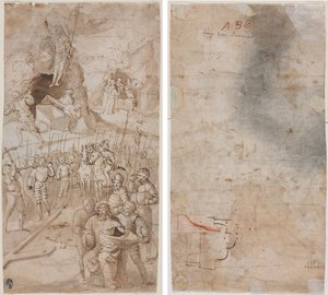 Drie scènes uit de Passie van Christus (recto) Architectonische schets (verso) door Unknown artist