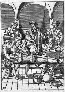 Marteling in de Middeleeuwen: de waterkwestie. Vastgebonden met touwen, wordt water op een doek gegoten die in de keel wordt geduwd. Gravure uit de 18e eeuw naar een gravure uit de Middeleeuwen. door Unknown artist