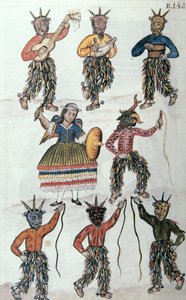 Traditionele dans van de Diablicos in Peru, uit het boek "Trujillo del Peru" of "Códice Martínez Compañón", door Baltazar Martinez Compañón y Bujanda, bisschop van Trujillo (1782-1785) door Unknown artist