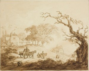 Reizigers met paarden en kar op een weg langs huizen
