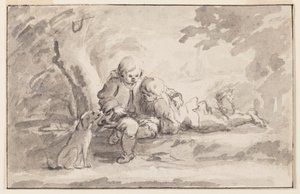 Twee jongens die naar een boek kijken door Unknown artist