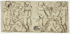 Twee Decoratieve Groepen van Putti met Trompetten en Fruit door Unknown artist