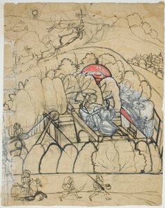 Twee dames converseren bij een trapbron (Baoli) in een ommuurde tuin door Unknown artist