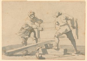 Twee Mannen die een Plank Zagen door Unknown artist
