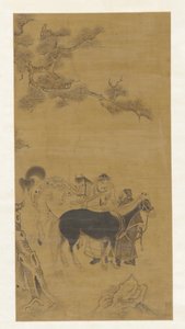 Twee mannen en twee paarden onder een dennenboom door Unknown artist