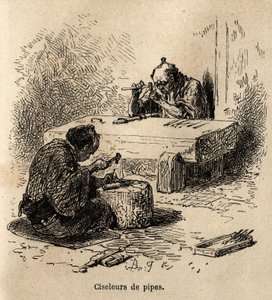 Twee arbeiders, elk met een hamer en een pons, bewerken metalen pijpen in hun werkplaats. Gravure ter illustratie van de reis naar Japan, door Aime Humbert, minister van de Zwitserse Confederatie, in 1863-1864, gepubliceerd in 