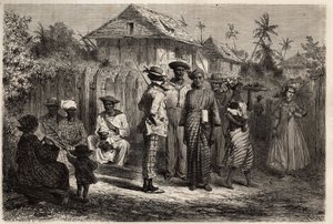 Typen van inheemse Cayenne (Frans-Guyana), vrouwen gekleed in een knoopjurk van madras en gekleed met kleurrijke tulbanden, de mannen hebben het westerse kostuum overgenomen. Gravure om de reis in Frans-Guyana in 1862-1863 te illustreren, door Frederic Bou