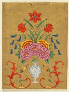 Vaas met bloemstuk en krulwerk door Unknown artist