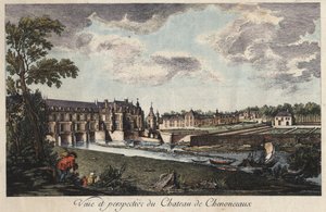 Uitzicht en perspectief van het kasteel van Chenonceau in Indre-et-Loire - gravure uit de 18e eeuw
