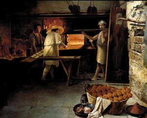 Uitzicht van binnenuit een bakkerij. Bakkers bakken het brood in de oven (18e eeuw) door Unknown artist