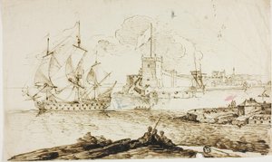 Uitzicht op haven van versterkte stad door Unknown artist
