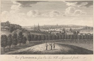 Uitzicht op Londen en de kerk vanaf One Tree Hill in Greenwich Park door Unknown artist