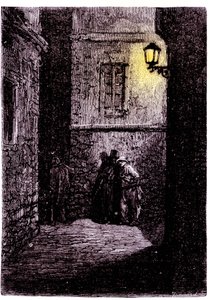 Uitzicht op een donkere steeg in de wijk Whitechapel in Londen. 18e eeuwse gravure door Unknown artist