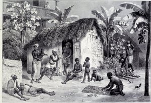 Zicht op een plantage met een koolstof van negers in de West-Indië. Gravure uit de 18e eeuw. Chartres, Museum voor Schone Kunsten