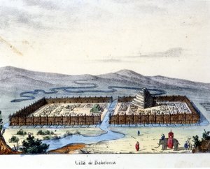 Zicht op het oude Babylon: in het midden de tempel en de hangende tuinen. Vroeg 19e eeuw. door Unknown artist