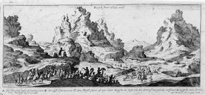 Zicht op karavanen in de Sinaïwoestijn. Gravure uit de 18e eeuw door Unknown artist