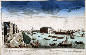 Zicht op de Admiraliteit in Amsterdam van de winkels van de bassins en bouwplaatsen in eigendom van hen en de Compagnie van de Oost-Indië van Holland - Optische weergave door Unknown artist