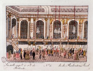 Zicht op de Keizerlijke en Koninklijke Zaal van de Redoute in Wenen, Oostenrijk. Gravure uit 1815 Privécollectie door Unknown artist