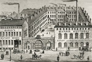 Uitzicht op de Mappin Brothers bestekfabriek in Londen. Detail van advertentie uit 1891. Gravure. door Unknown artist