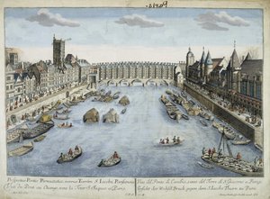 Uitzicht op de Pont au Change en de Sint-Jacobstoren in Parijs door Unknown artist