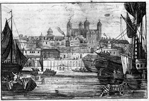 Uitzicht op de Tower of London en de Theems aan het einde van de 18e eeuw Gravure