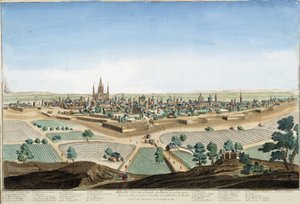Uitzicht op de stad Milaan, Italië met de kathedraal en de vestingwerken. Gravure uit de 18e eeuw. door Unknown artist