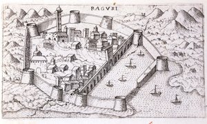 Zicht op de stad Ragusa in de 16e eeuw. door Unknown artist