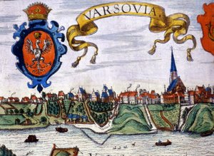 Uitzicht op de stad Warschau met het stadswapen. 1780