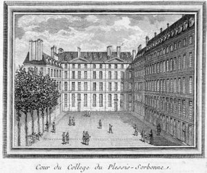 Zicht op de binnenplaats van het college van Plessis Sorbonne (Parijs), gesticht in 1323 door Geoffroy du Plessis Balisson, gebruikt in 1848 en 1849 door de ENA. Gravure bewaard in het Musee Carnavalet