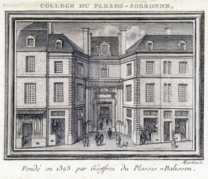 Uitzicht op de buitengevel van het college van Plessis Sorbonne (Parijs), gesticht in 1323 door Geoffroy van Plessis Balisson, gebruikt van 1848 tot 1849 door de ENA. Gravure bewaard in het Musée Carnavalet, Parijs