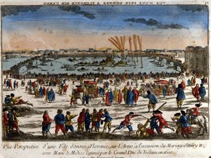 Uitzicht op het feest gegeven in Florence aan de oevers van de rivier de Arno door de Groothertog van Toscane ter gelegenheid van het huwelijk van Hendrik IV met Maria de