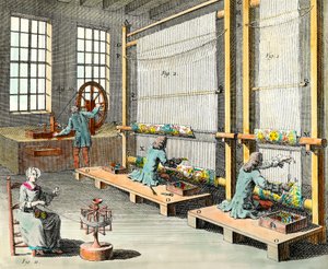 Zicht op de ateliers en de vervaardiging van tapijten in de grote manufactuur des Gobelins in Parijs