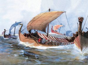 Vikingboot in transit naar Normandië door Unknown artist