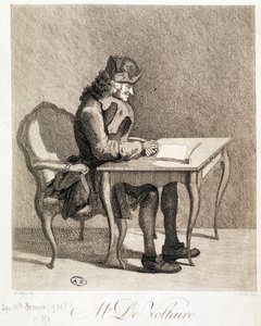 Voltaire aan zijn werktafel - gravure