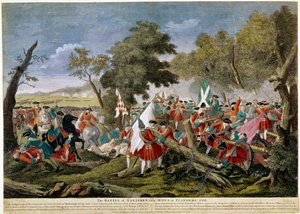 Oorlog van de Spaanse Successie (1701-1714): zicht op de Slag bij Malplaquet nabij Mons aan de Frans-Belgische grens 11/09/1709 tussen Franse en Spaanse troepen en een Engelse, Nederlandse en Oostenrijkse coalitie - Prenten van 1709 - BN Parijs