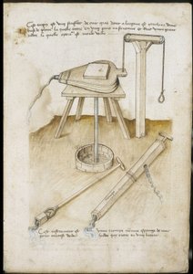 Waterpompinstrumenten - Manuscript: perkamentblad van een ingenieurshandboek voor de bouw van civiele, religieuze en militaire gebouwen, anoniem, laat 15e eeuw (figuur in Chinese inkt) door Unknown artist
