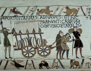 Wapens en wijn worden naar de schepen gebracht tijdens de bevoorrading voor de verovering van Engeland door de vloot van Willem de Veroveraar in 1066 (detail van het tapijt van Bayeux) door Unknown artist