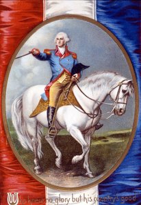 Wie geen glorie kende behalve het welzijn van zijn land: George Washington (1732 - 1799) rijdend in medaillon op de achterkant van de Franse vlag